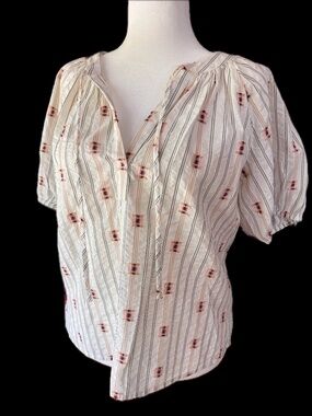 LOFT Striped Embroidered Peasant Blouse M Short Sleeve Cream Boho Top